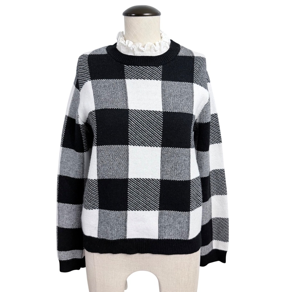Anthropologie Buffalo Check Plaid Sweater Black White Ruffle Neck Small